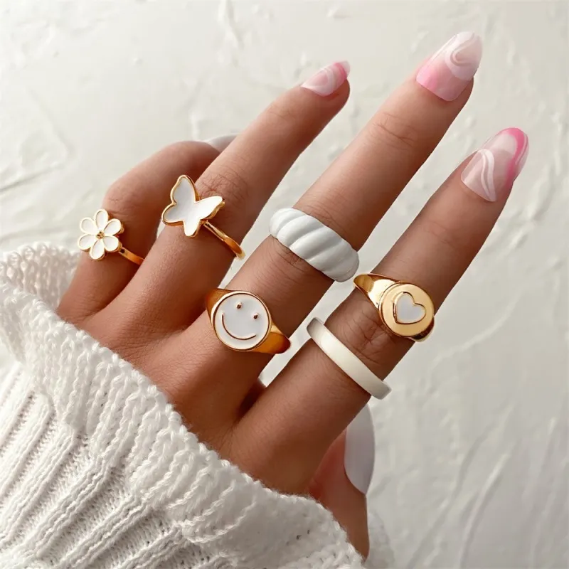 Cute Heart Smiley Butterfly Flower Shape Design Alloy Ring Set