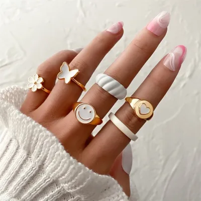 Cute Heart Smiley Butterfly Flower Shape Design Alloy Ring Set