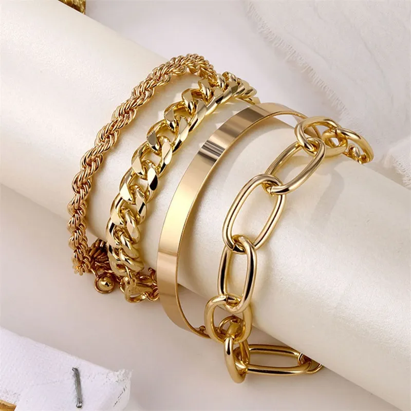 Punk Exaggerated Thick Chain Design Alloy Bracelet Set