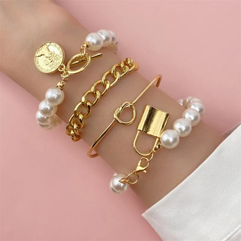 Punk Lock Pendant Hollow Design Pearl Decorative Alloy Bracelet Set