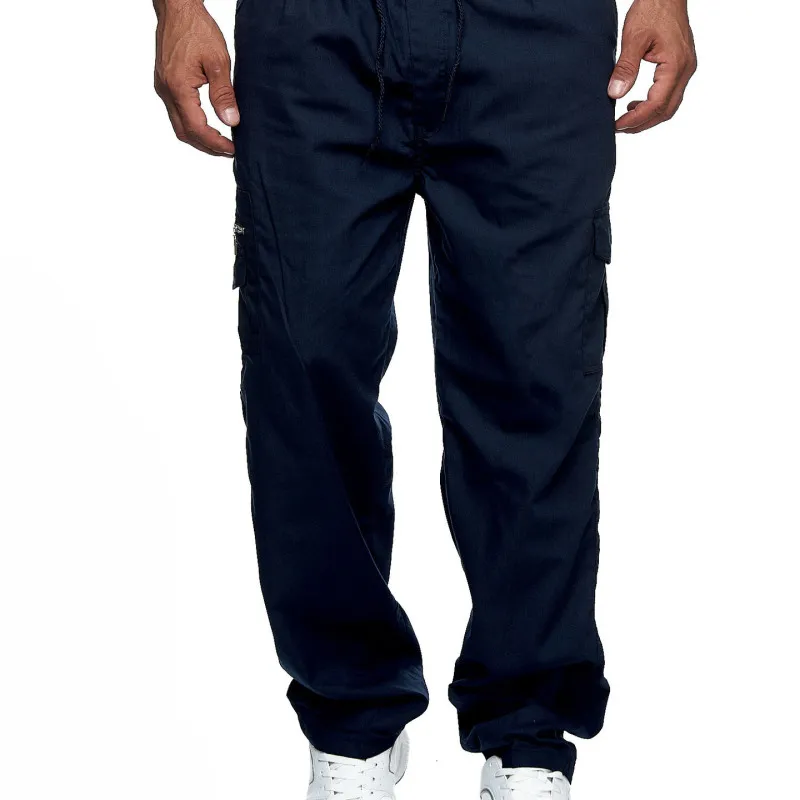 Men Casual Mid Waist Drawstring Multi-pocket Solid Color Pants
