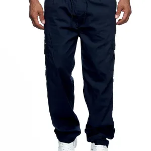 Men Casual Mid Waist Drawstring Multi-pocket Solid Color Pants