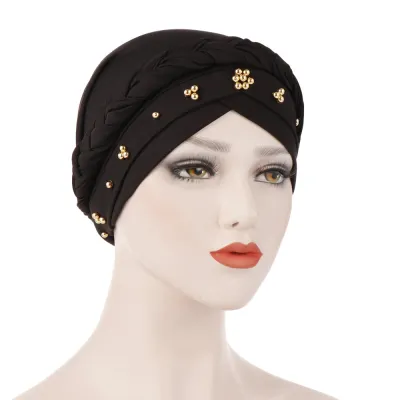 Women's Casual Bead Decorated Solid Color Cotton Turban Hat