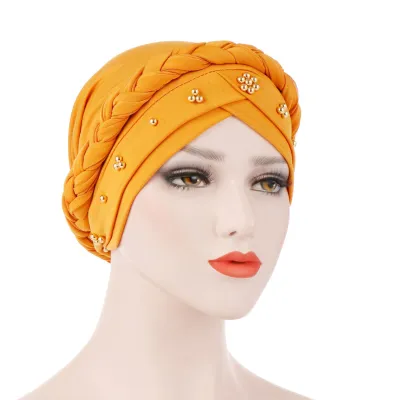 Women's Casual Bead Decorated Solid Color Cotton Turban Hat