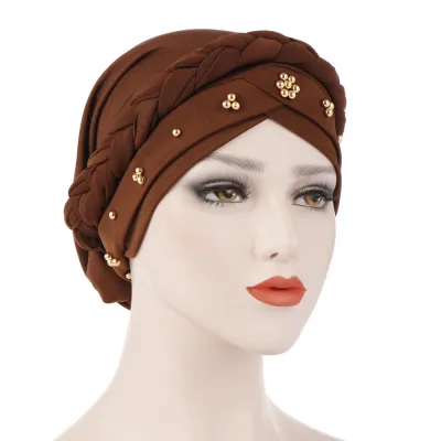 Women's Casual Bead Decorated Solid Color Cotton Turban Hat