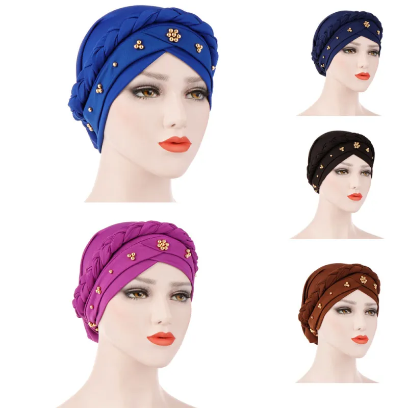 Women's Casual Bead Decorated Solid Color Cotton Turban Hat