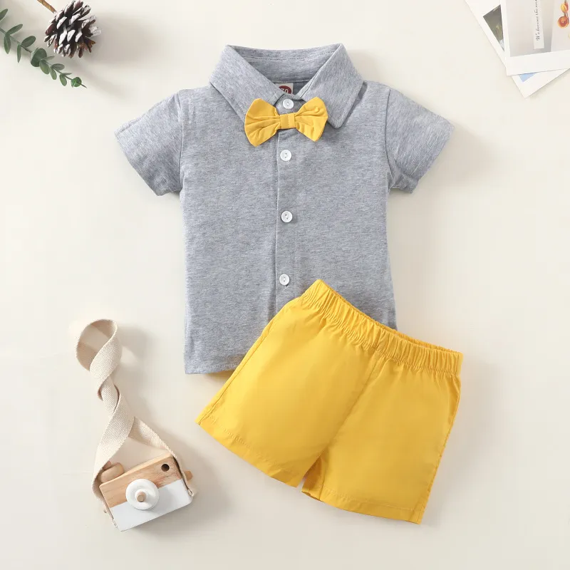 Boys Basic Lapel Bow Single-breasted Short Sleeve Shirt And Solid Color Shorts Set Gentleman Toddler