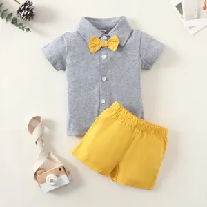Boys Basic Lapel Bow Single-breasted Short Sleeve Shirt And Solid Color Shorts Set Gentleman Toddler