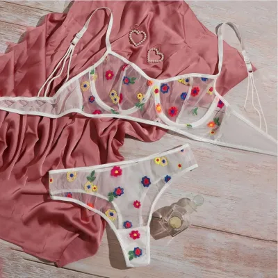 Women Sexy Mesh Seethrough Embroidery Lingerie Set