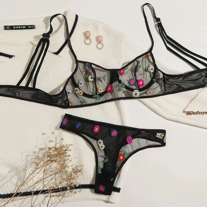 Women Sexy Mesh Seethrough Embroidery Lingerie Set