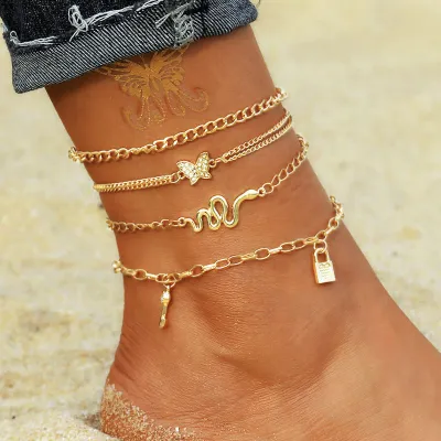 Vintage Butterfly Snake Shape Rhinestone Decorative Alloy Anklet Set