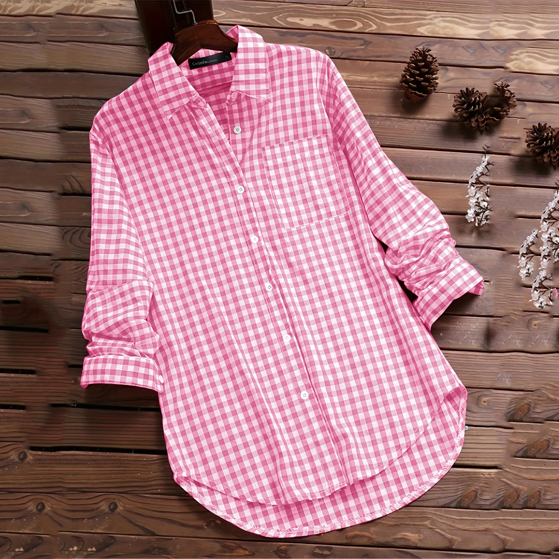 Women Casual Plaid Lapel Long Sleeve Single Breasted Blouse