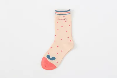 Women Cute Pink Strawberry Cartoon Pattern Cotton Mid-Calf Socks