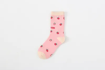 Women Cute Pink Strawberry Cartoon Pattern Cotton Mid-Calf Socks