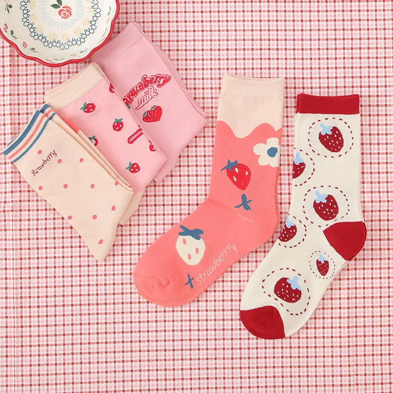 Women Cute Pink Strawberry Cartoon Pattern Cotton Mid-Calf Socks