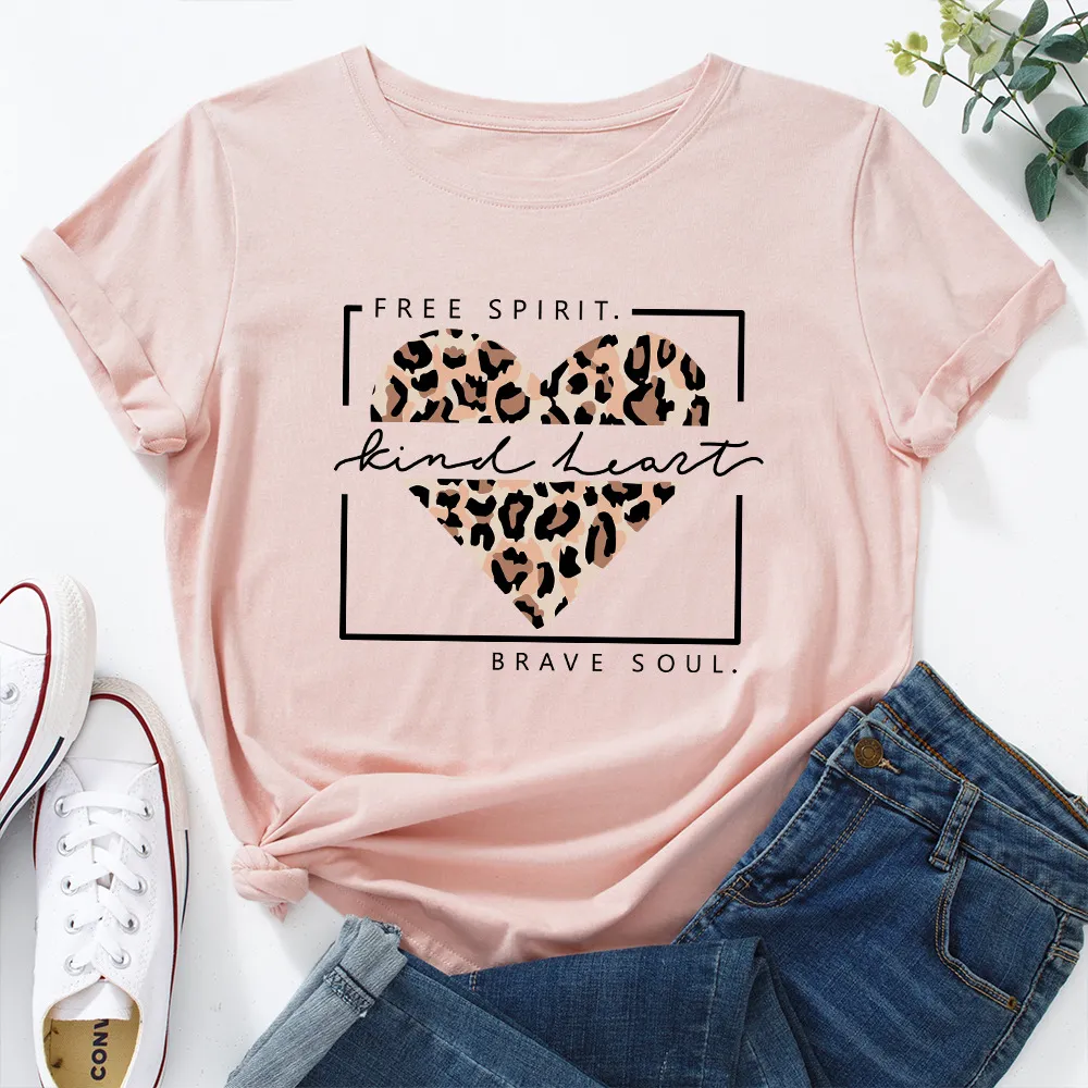 Women Casual Graphic Letter Print Loose Round Neck Short-sleeved Leopard Colored T-shirt
