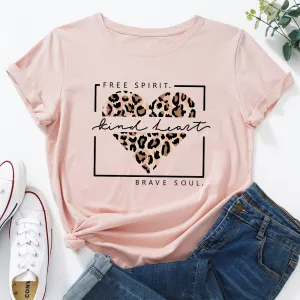 Women Casual Graphic Letter Print Loose Round Neck Short-sleeved Leopard Colored T-shirt