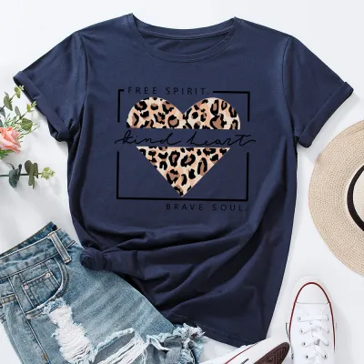 Women Casual Graphic Letter Print Loose Round Neck Short-sleeved Leopard Colored T-shirt