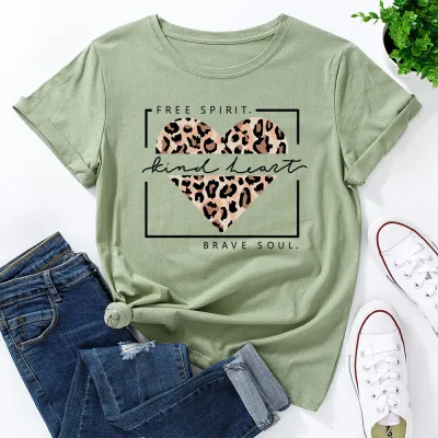 Women Casual Graphic Letter Print Loose Round Neck Short-sleeved Leopard Colored T-shirt