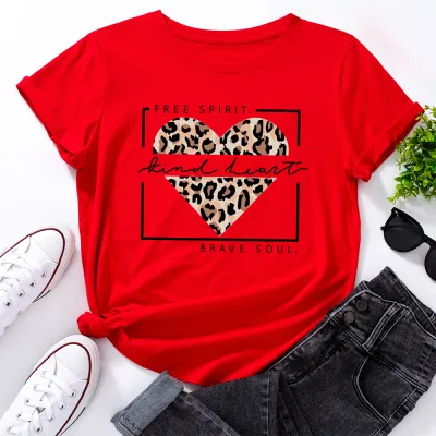 Women Casual Graphic Letter Print Loose Round Neck Short-sleeved Leopard Colored T-shirt