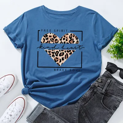 Women Casual Graphic Letter Print Loose Round Neck Short-sleeved Leopard Colored T-shirt