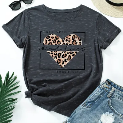 Women Casual Graphic Letter Print Loose Round Neck Short-sleeved Leopard Colored T-shirt