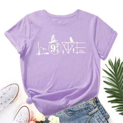 Women Basic Graphic Print Loose Round Neck Short-sleeved Colored T-shirt