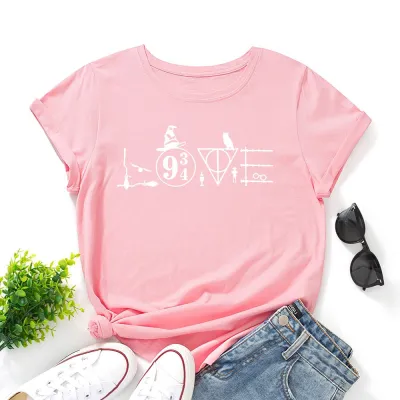 Women Basic Graphic Print Loose Round Neck Short-sleeved Colored T-shirt