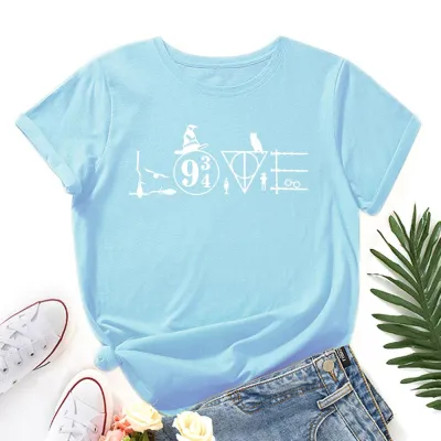 Women Basic Graphic Print Loose Round Neck Short-sleeved Colored T-shirt