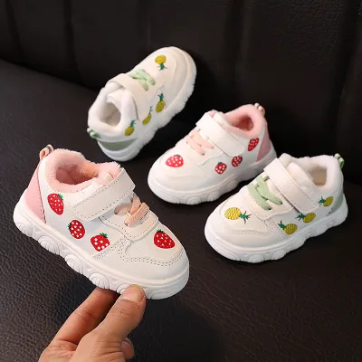 Baby Girls Cute Cartoon Fruit Strawberry Pineapple Plush Velcro Sneakers