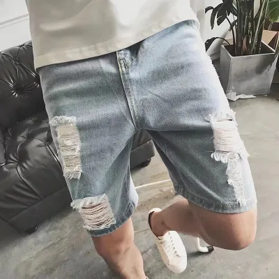 Men Casual Mid Waist Crop Ripped Denim Shorts