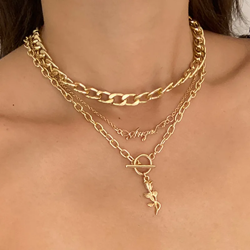 Vintage Rose Pendant Letter Design Alloy Multilayer Women's Necklace