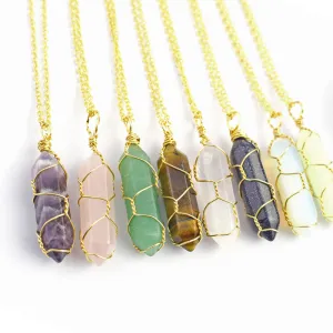Creative Copper Wire Wrap Geometric Gemstone Crystal Pendant Necklace
