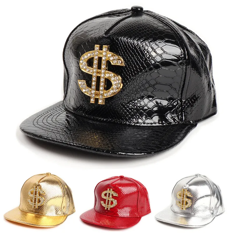 Hiphop Dollar Sign Decor Solid Color Crocodile Pattern PU Dome Cap