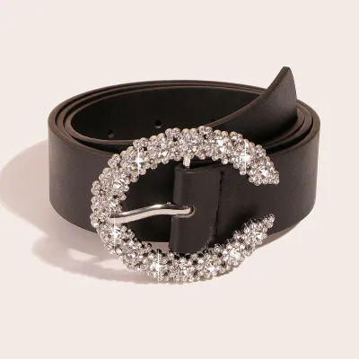 Women Chic Rhinestone Buckle Solid Color PU Belt