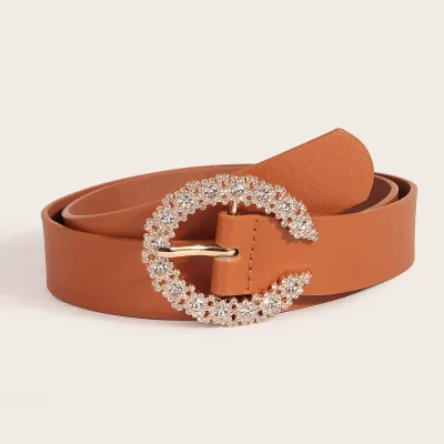 Women Chic Rhinestone Buckle Solid Color PU Belt