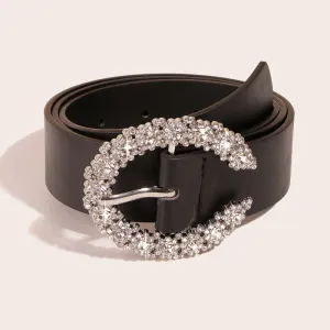 Women Chic Rhinestone Buckle Solid Color PU Belt