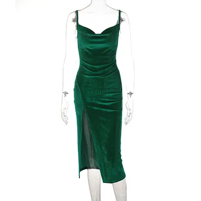 Women Elegant Sexy Solid Color Sleeveless Side-slit Slip Midi Dress