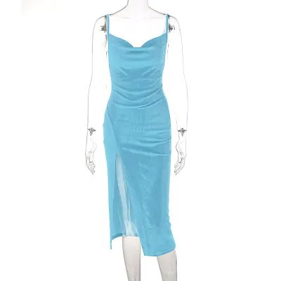 Women Elegant Sexy Solid Color Sleeveless Side-slit Slip Midi Dress