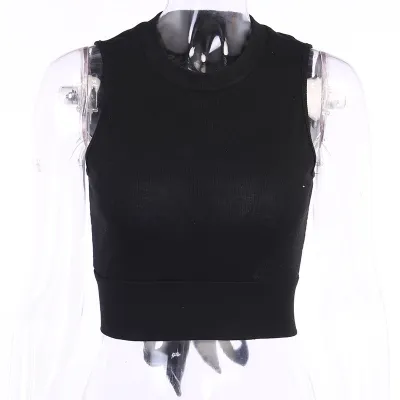 Women Edgy Sexy Solid Color Backless Sleeveless Round Neck Rib Knit Crop Tank Top
