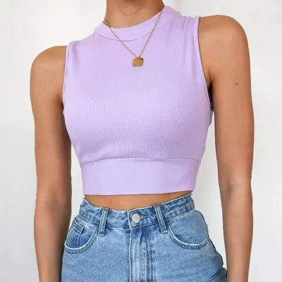 Women Edgy Sexy Solid Color Backless Sleeveless Round Neck Rib Knit Crop Tank Top