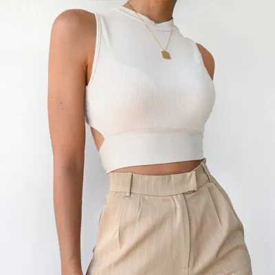 Women Edgy Sexy Solid Color Backless Sleeveless Round Neck Rib Knit Crop Tank Top