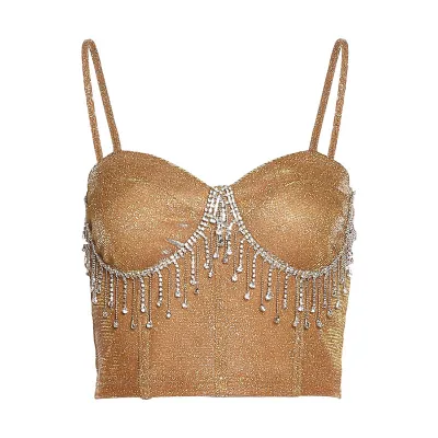 Summer Women Sexy Edgy Elegant Sleeveless Sequins Rhinestone Tassel Crop Camisole