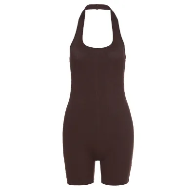 Women Basic Athleisure Solid Color Sleeveless Backless Halter Neck Rib Knit Rompers