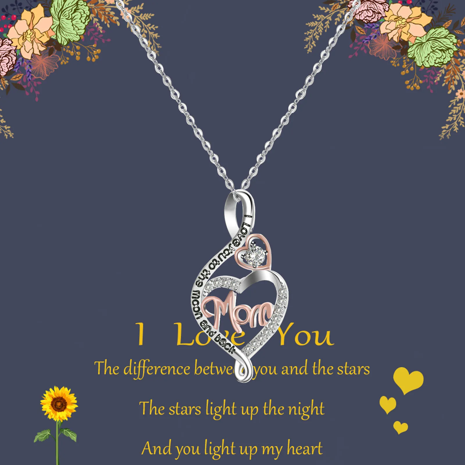 Mother Day Heart Pendant Letter Rhinestone Decoration Alloy Snake Chain Necklace
