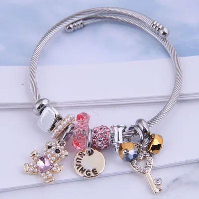 Unique Geometric Key Bear Pendant Pearl Rhinestone Decorated Alloy Charm Bracelet for Women