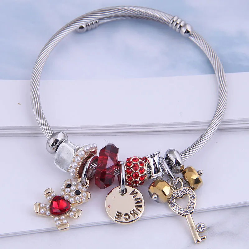 Unique Geometric Key Bear Pendant Pearl Rhinestone Decorated Alloy Charm Bracelet for Women