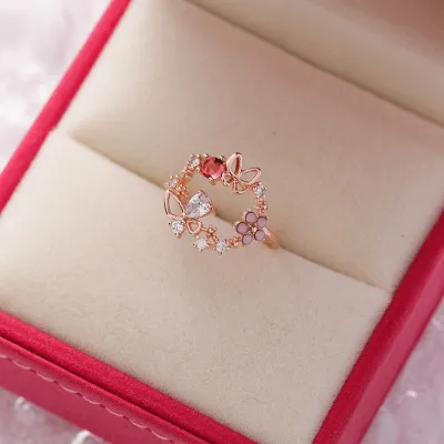 Sweet Flower Shape Zircon Decor Alloy Ring