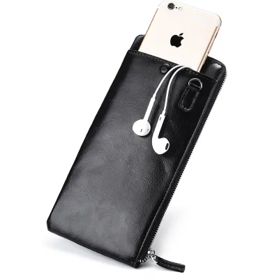Men's Ultra-Thin Long Zipper Wallet with Mobile Phone Pocket PU Leather
