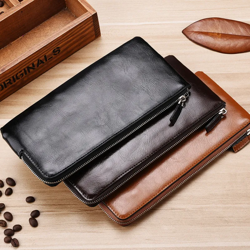 Men's Ultra-Thin Long Zipper Wallet with Mobile Phone Pocket PU Leather